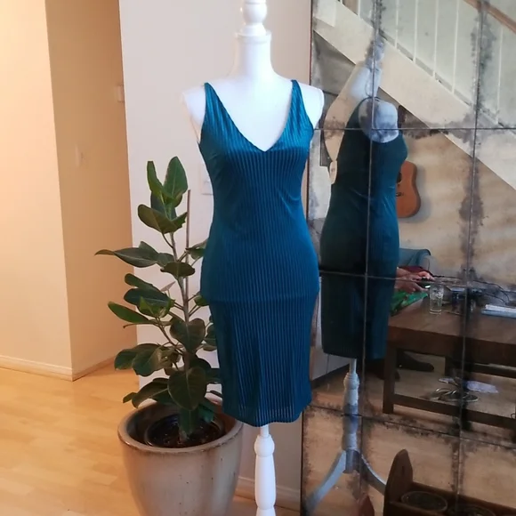 Forever 21 | Dresses | Forever 2 Turquoise Velvety Vertical Striped  Skintight Midi Dress V Neck Bac | Poshmark